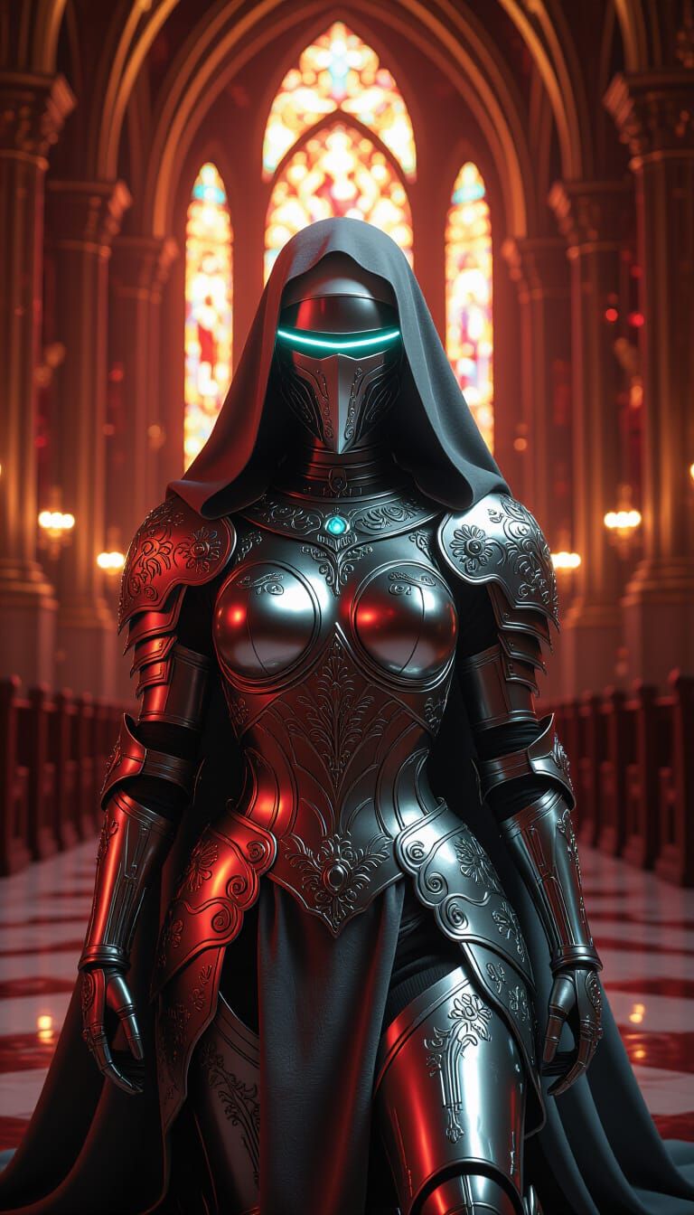 Techno-Knight Nun in Cyber-Cathedral, Hyper-Realistic