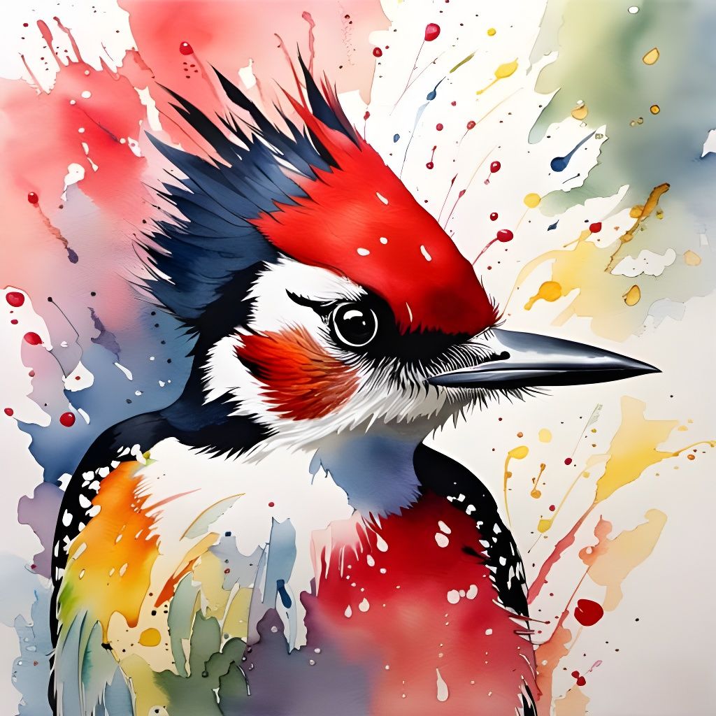 Red-Headed Woodpecker in Watercolor Artstyle