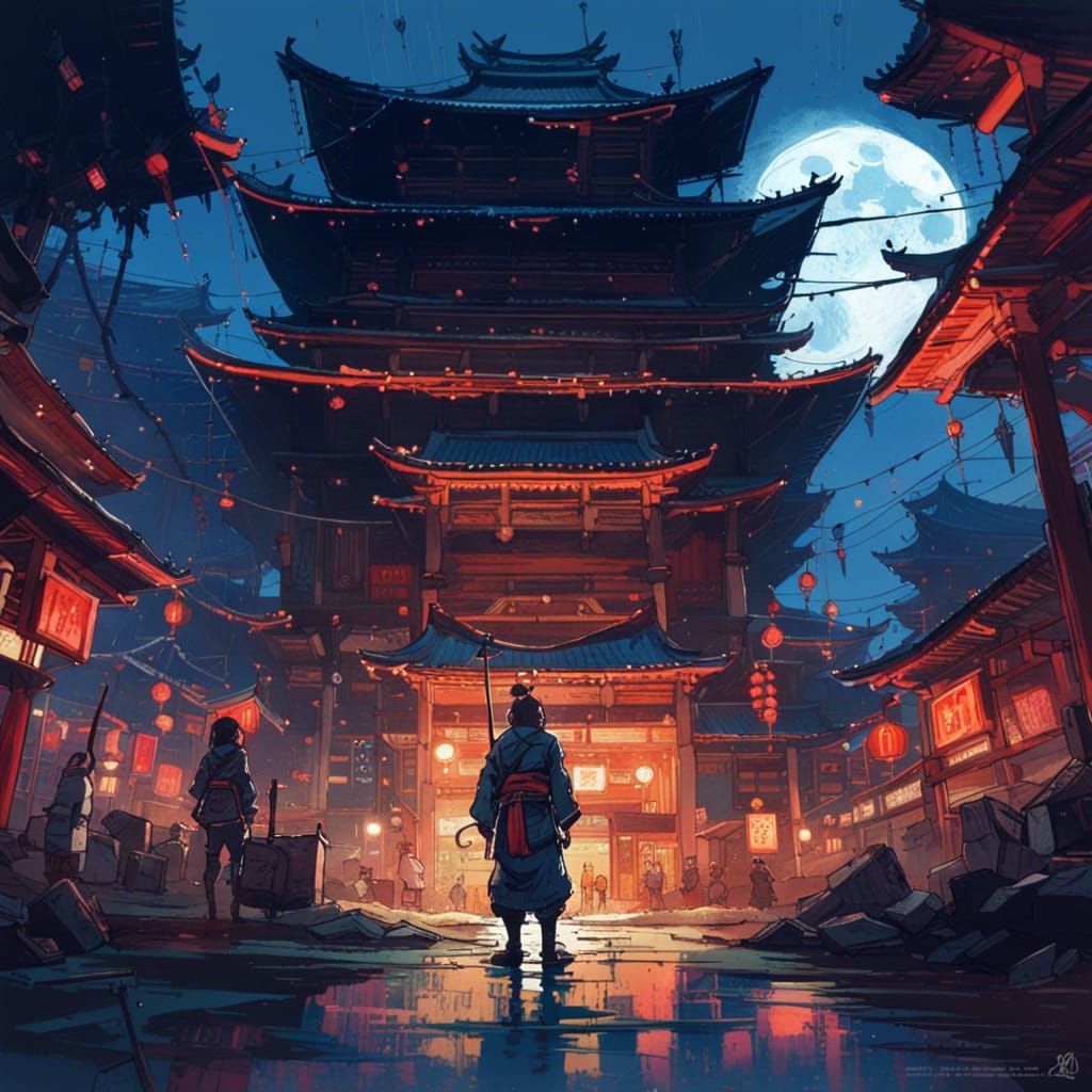 Ninja and Samurai at Temple Under Moonlight