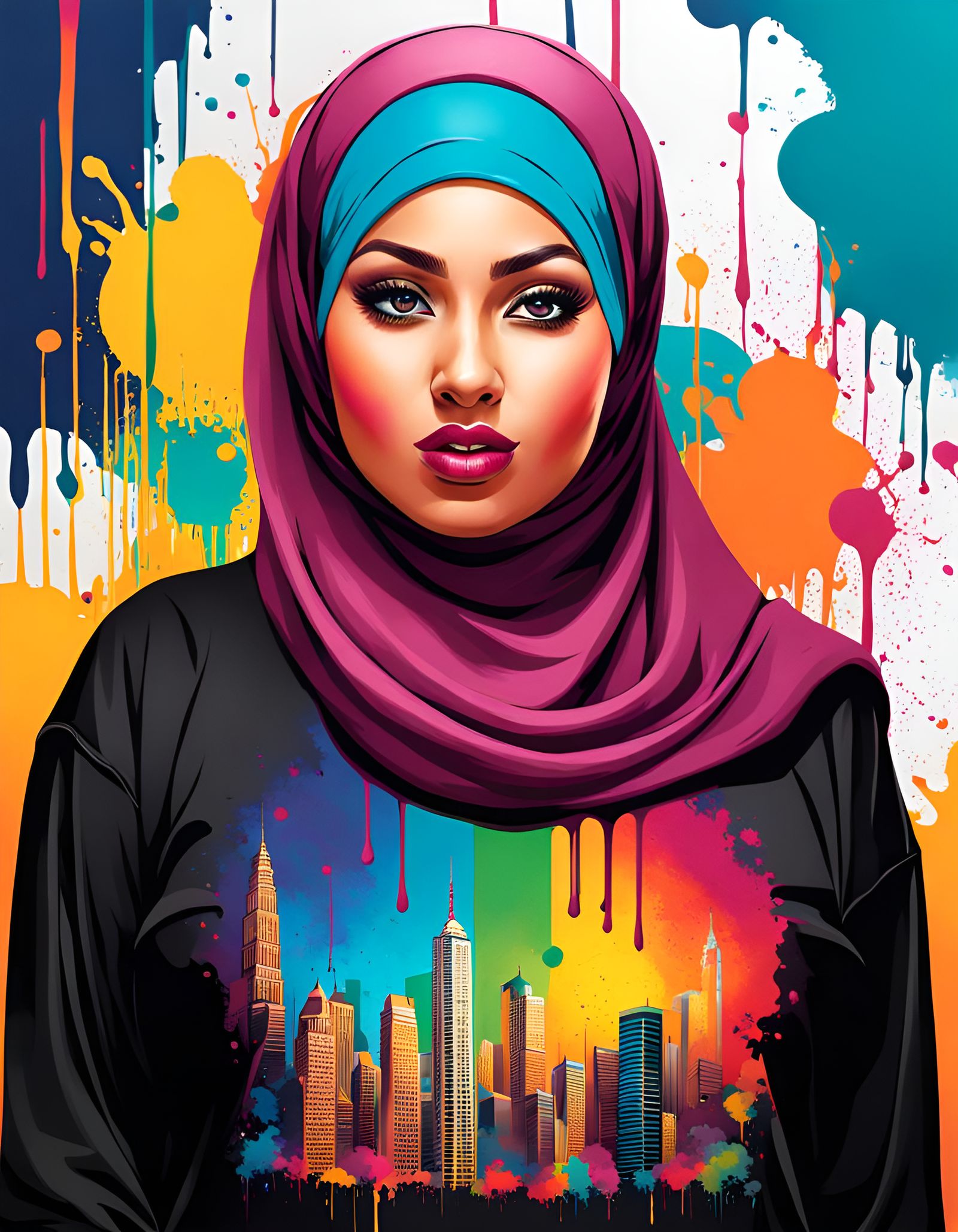 Colorful Hijabi Woman in Street Art Style
