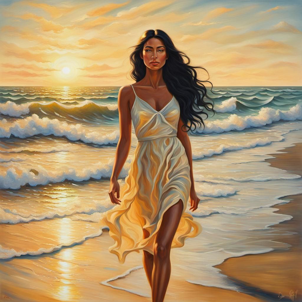 Surreal Woman on Golden Shore, Dali Style