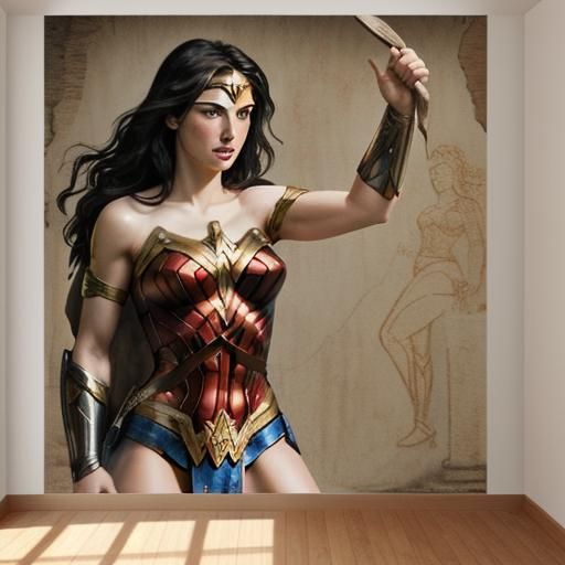 Ancient Greek wall mural depicting wonder woman