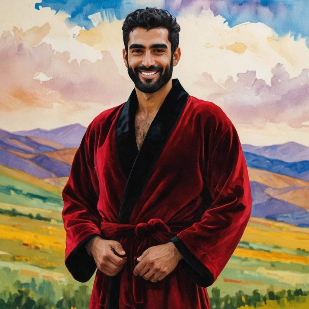 Smiling Man in Red Velvet Robe as Impasto Painting
