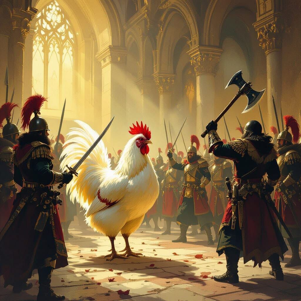 Magical Hen's Fate in Royal Chamber, Dramatic Lighting