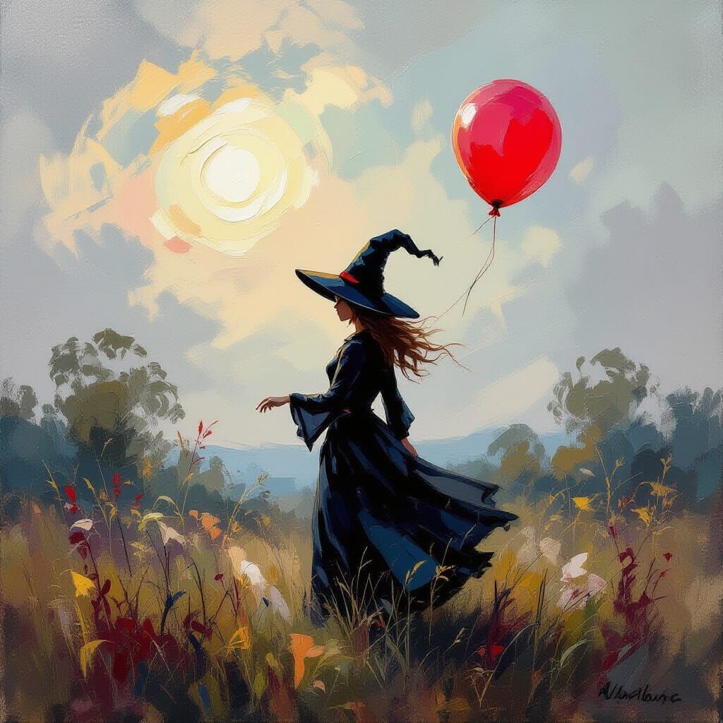 Whimsical Witch with Balloon in Impressionistic Style