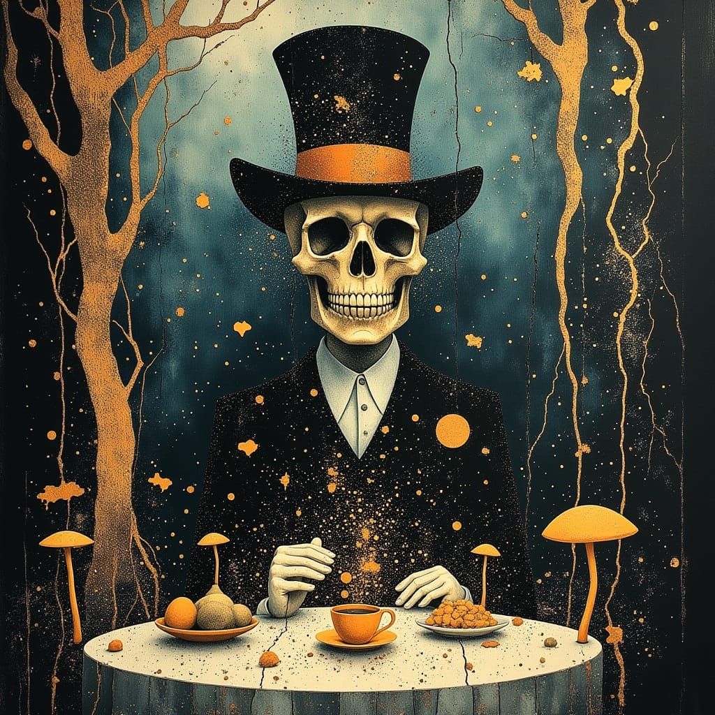 Surreal Skull Tea Party in Dreamlike Forest