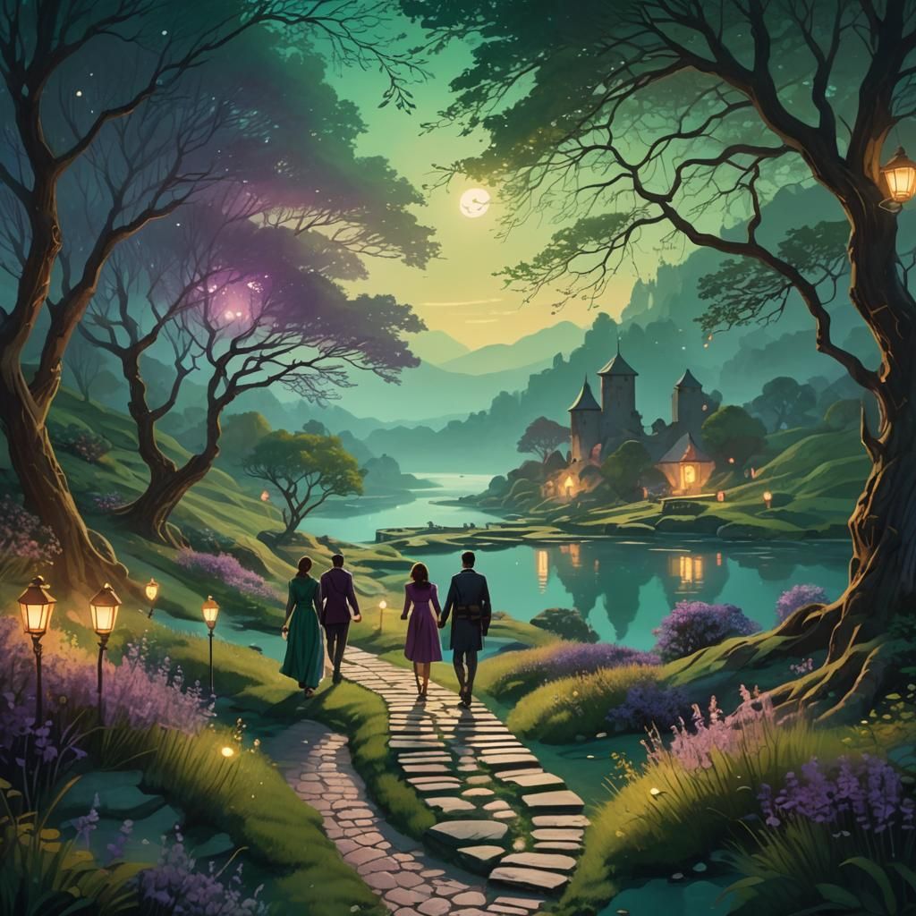 Mystical Valley: Couple Walks in Emerald Light