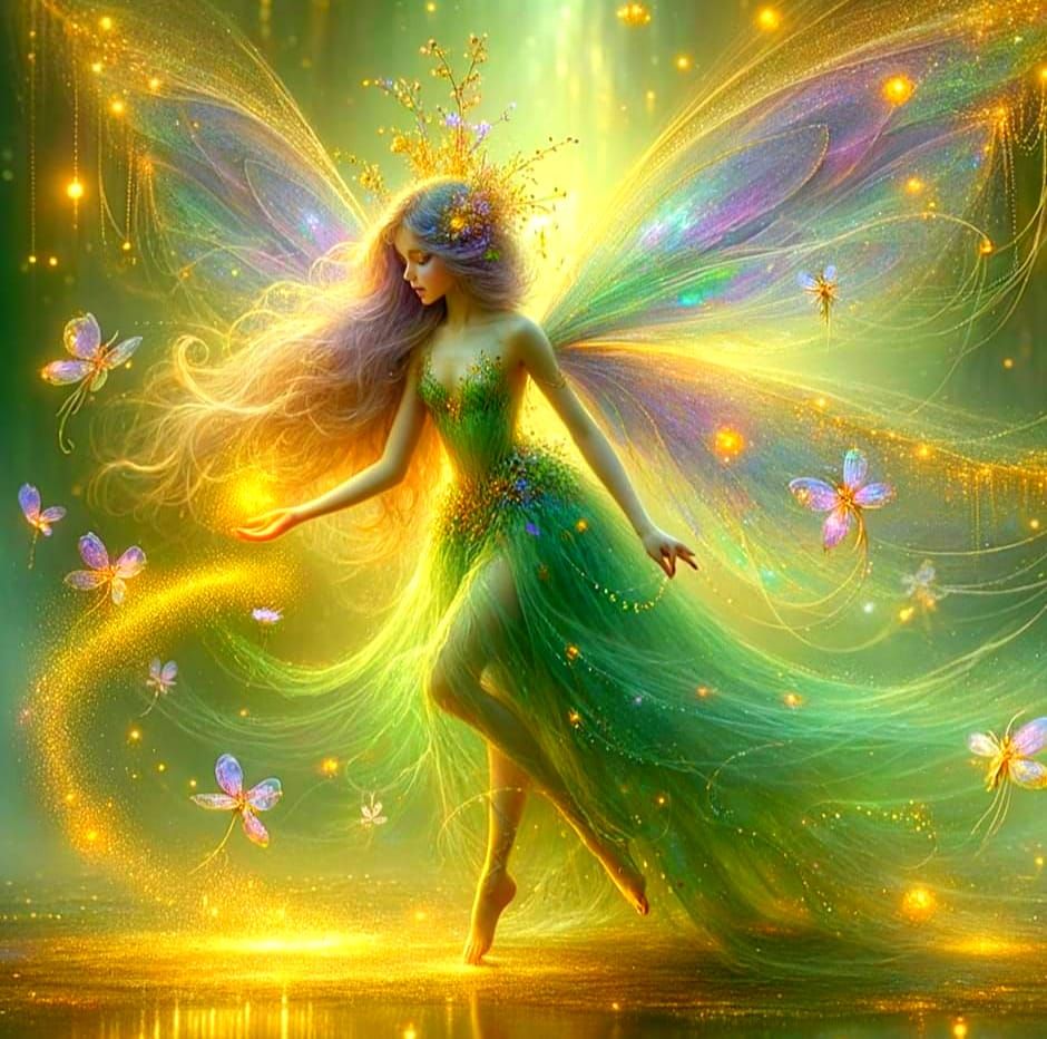 Ethereal Fairy Scattering Flowers Over Misty Pond