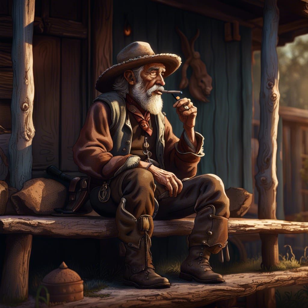 Cowboy on Porch: Detailed Matte Painting