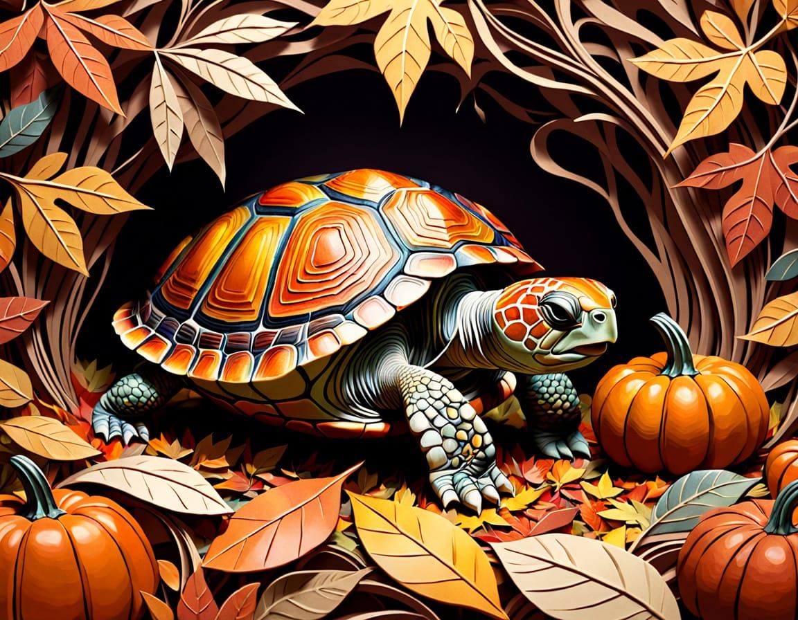 Autumn Paper Turtle in Cozy Den with Fall Harvest Elements