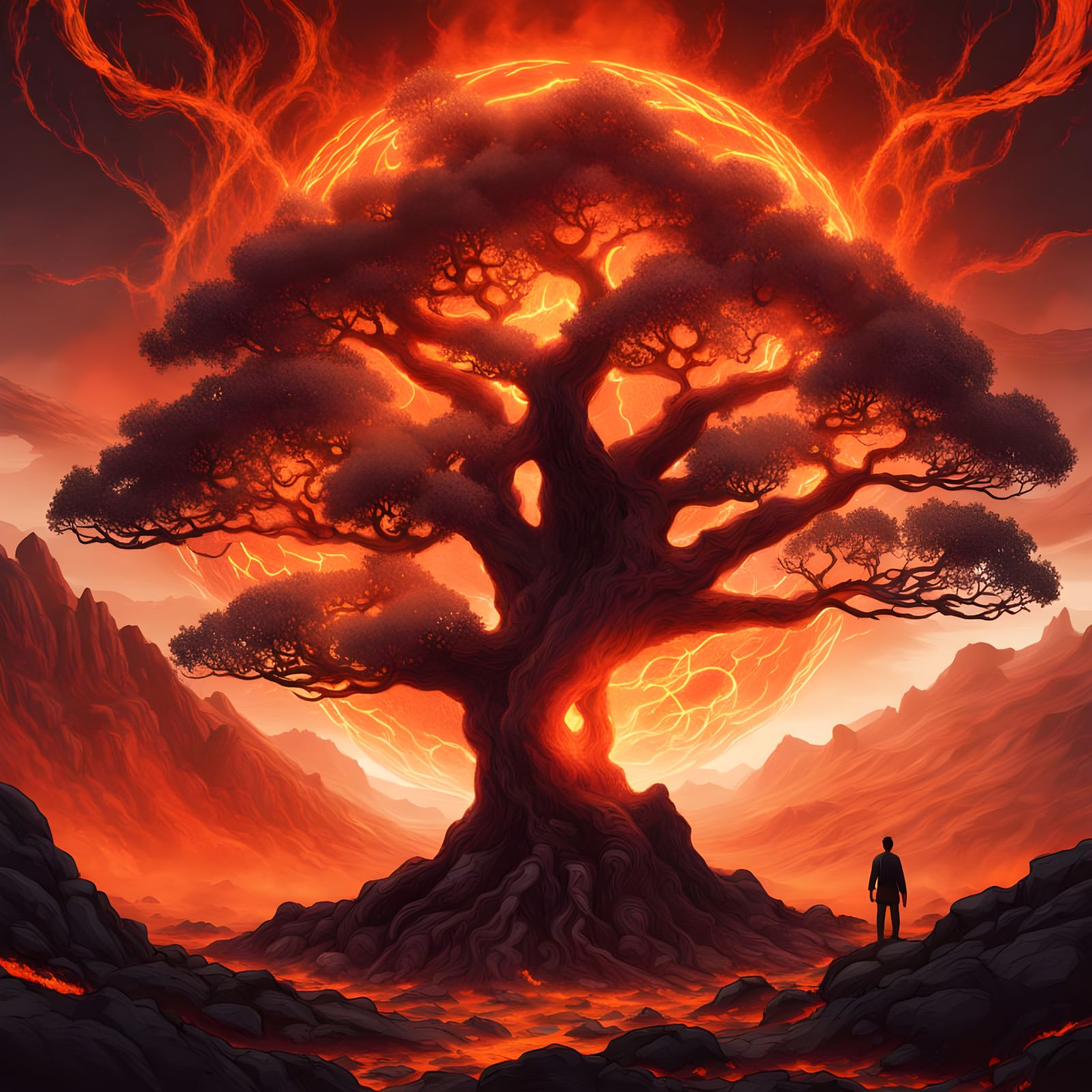 Colossal Volcanic Tree with Digital Veins and Fiery Orbs