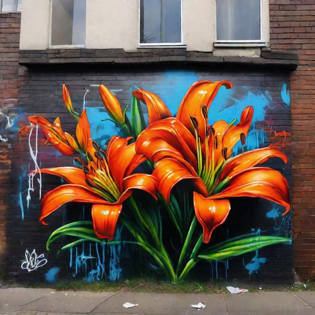Orange Tiger Lilies Graffiti Mural in 3D