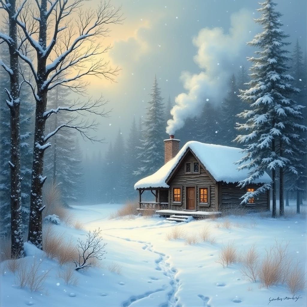 Cozy Winter Cabin in Snow-Covered Landscape