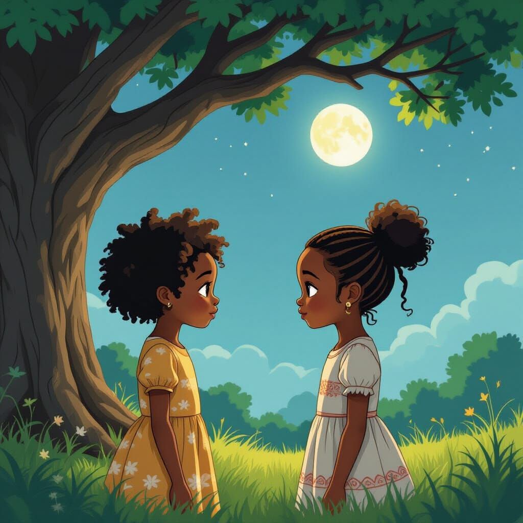 African Girls Under Moonlight in Digital Painting Style