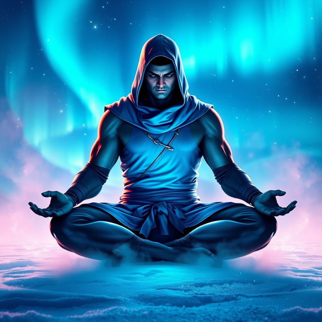Sub-Zero Meditating Peacefully Under Aurora Borealis