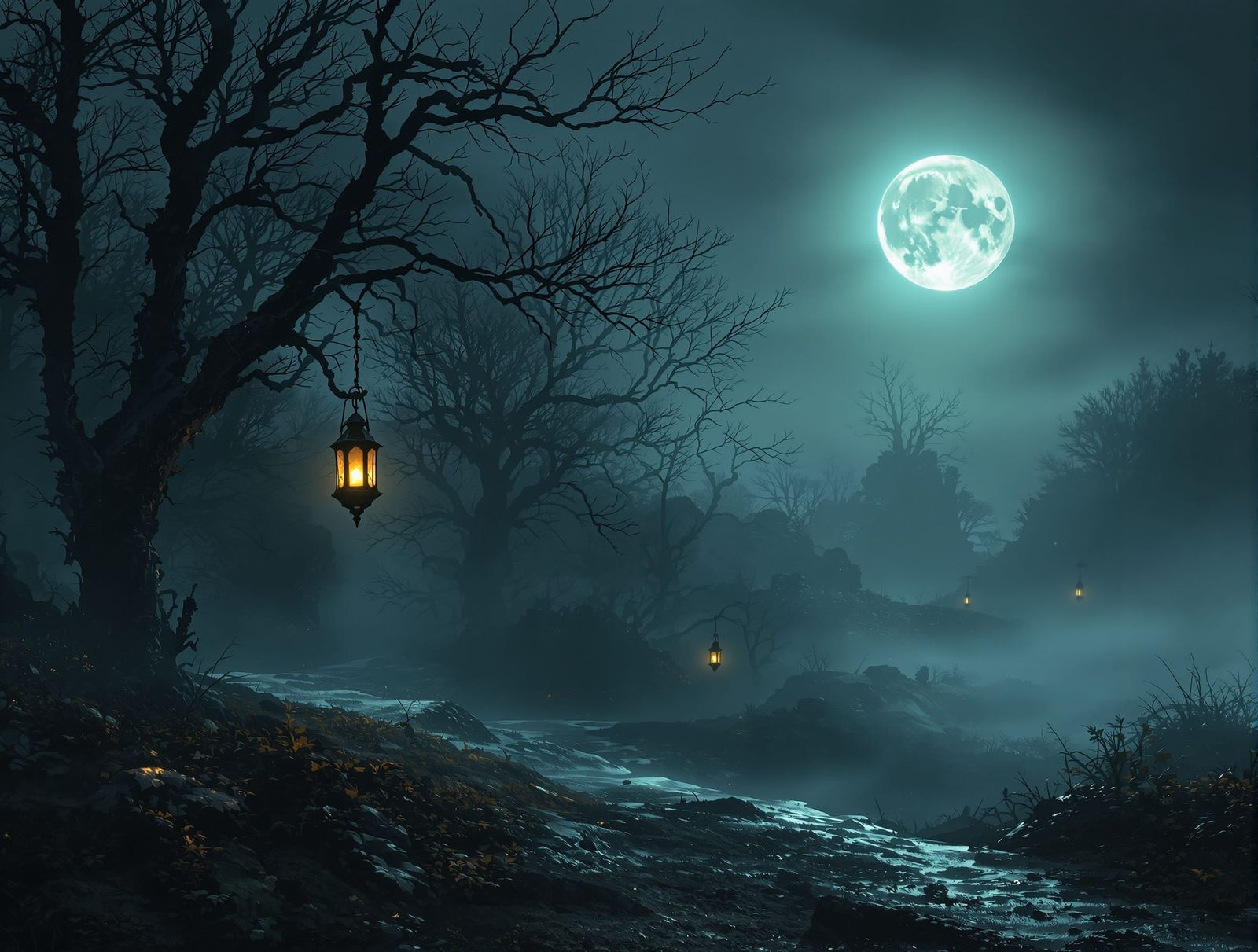Dark Surreal Gothic Landscape with Moonlit Fog and Lantern G...