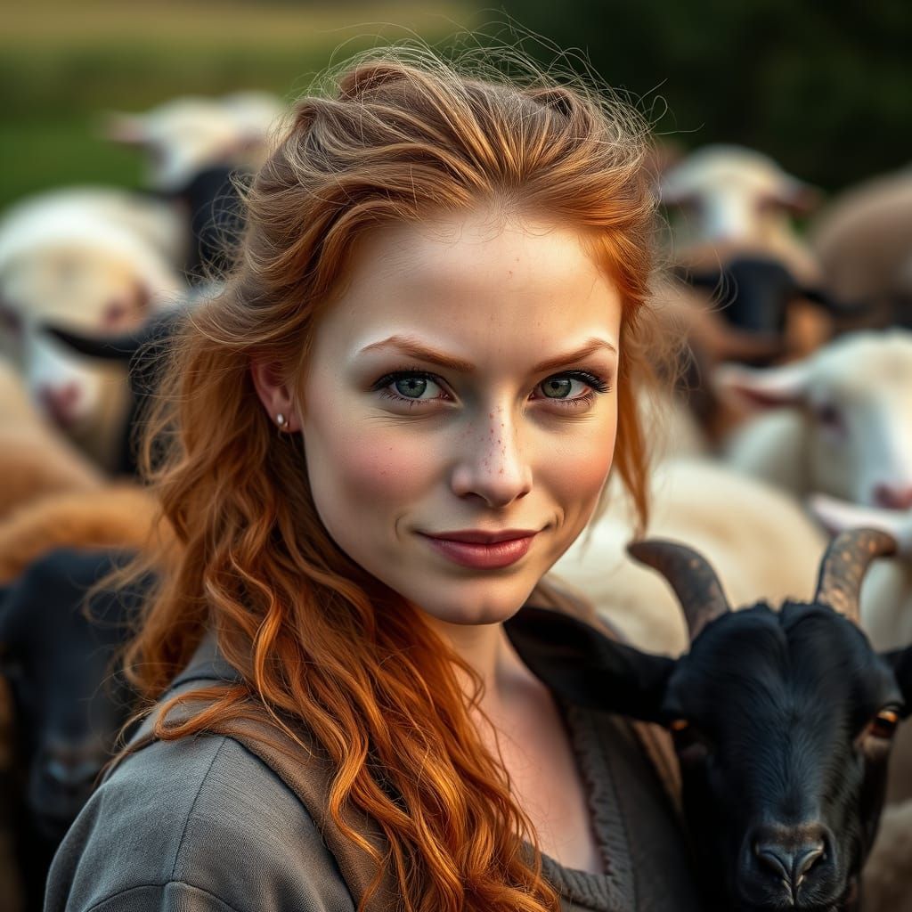 Ginger Shepherdess with Sheep: A Realistic Portrait