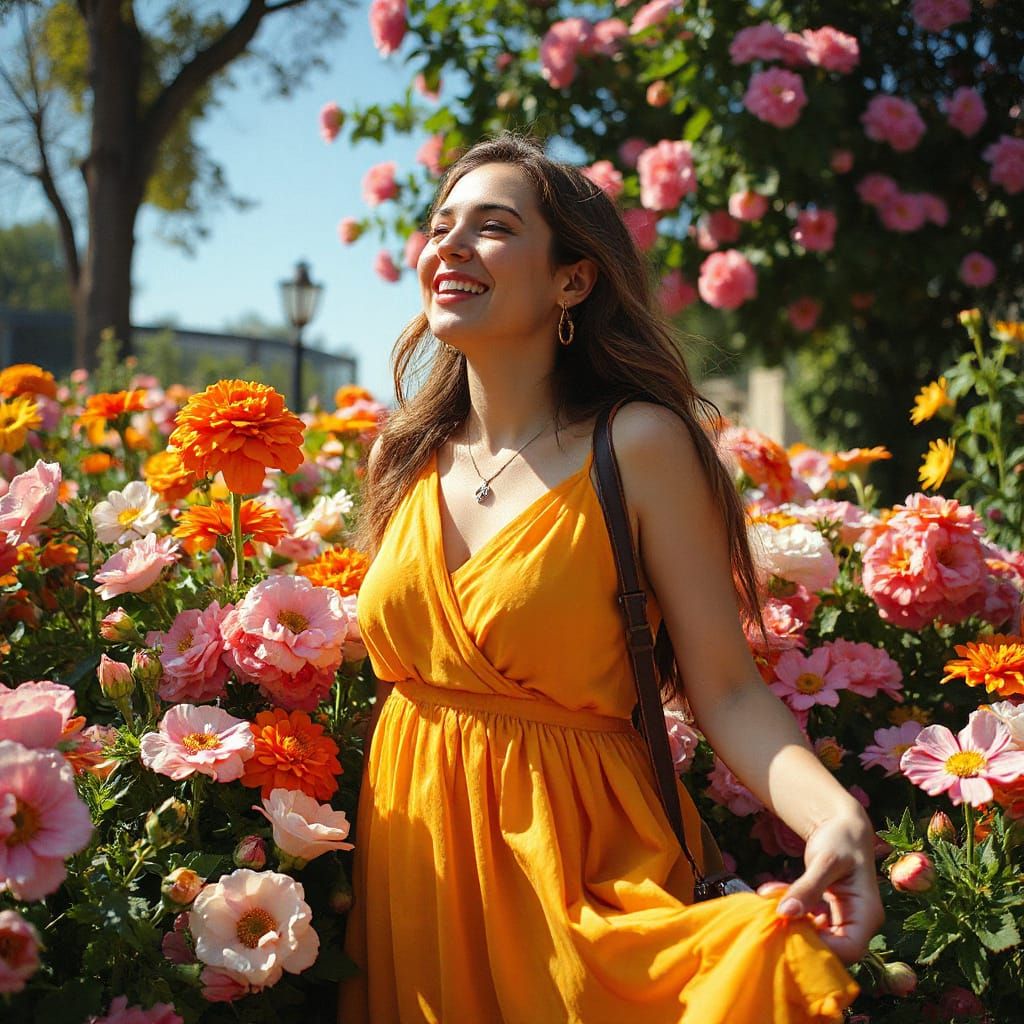 Joyful Woman in Floral Paradise: Oil Painting Style