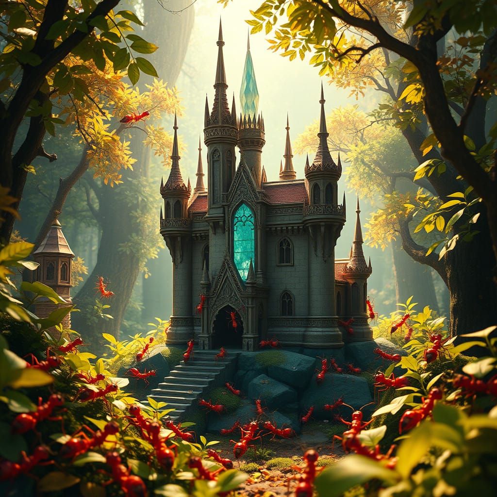 Majestic Red Ants Construct Elven Castle in Vibrant Forest