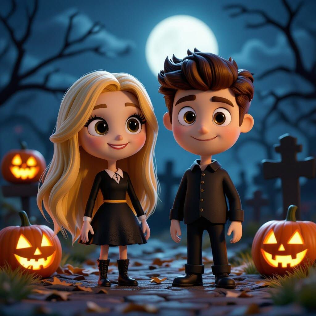 Halloween Stick Figures Annette and Brent in Moonlit Graveya...