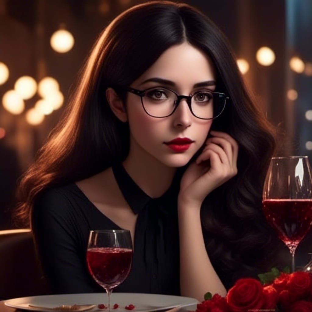 Beautiful Woman at Romantic Dinner, Hyperrealistic Portrait