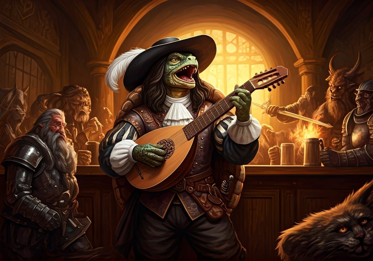 Tortle Bard's Tavern Performance: A Baroque Oil Painting
