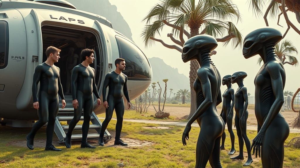 Futuristic First Contact Scene in Extraterrestrial City Park