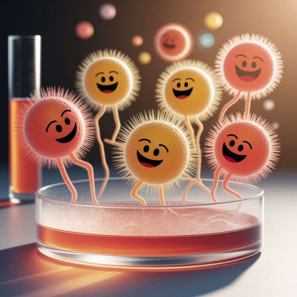Cheerful Microbes Dancing in Golden Light, Whimsical Digital...