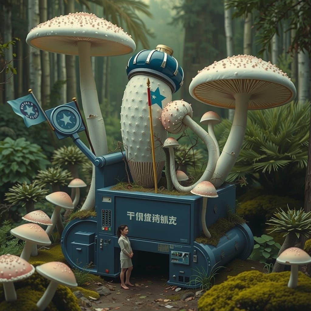 Surreal Businesswoman Surrounded by Whimsical Woodland Machi...