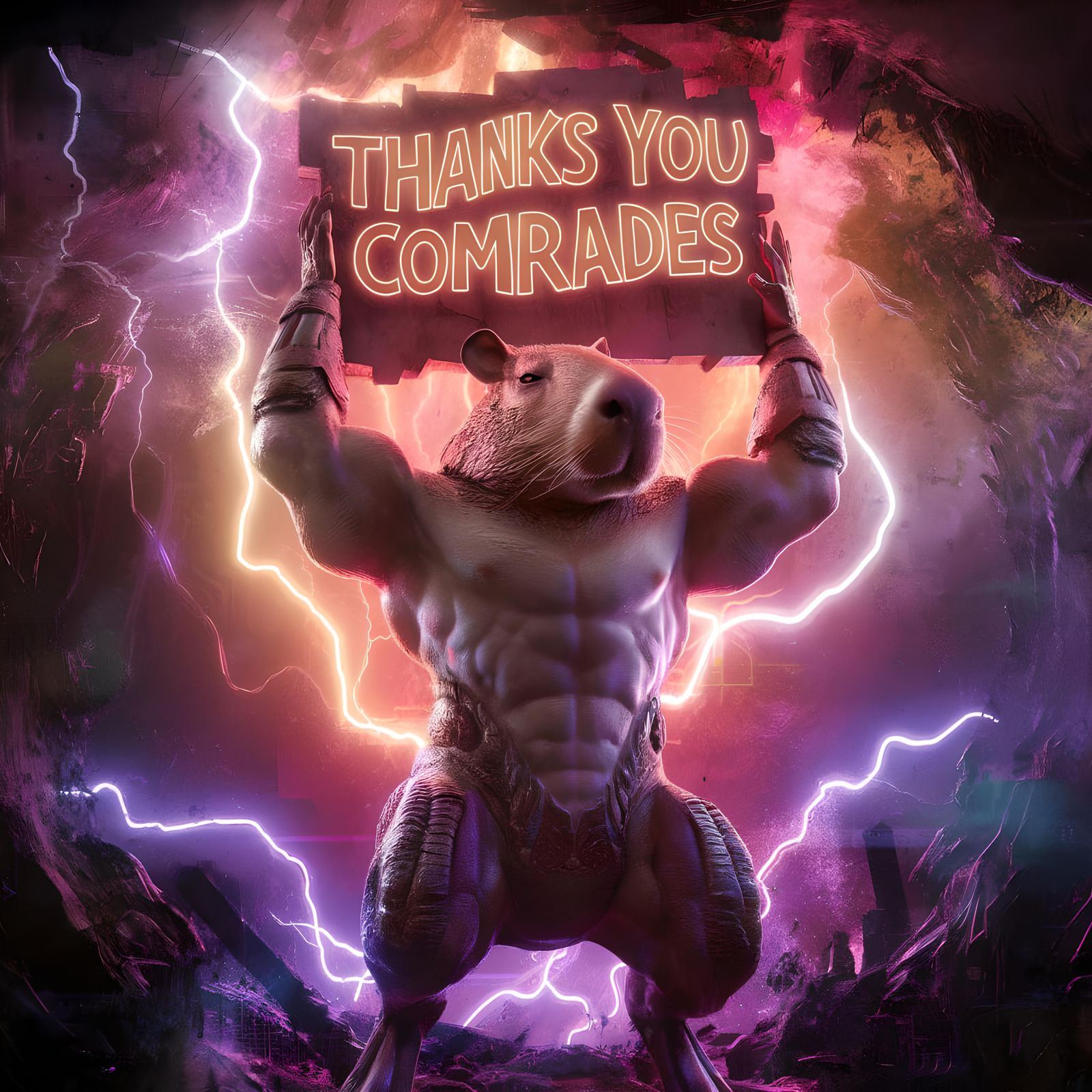 Armored Capybara Holds Neon Sign in Futuristic 3D Rendering