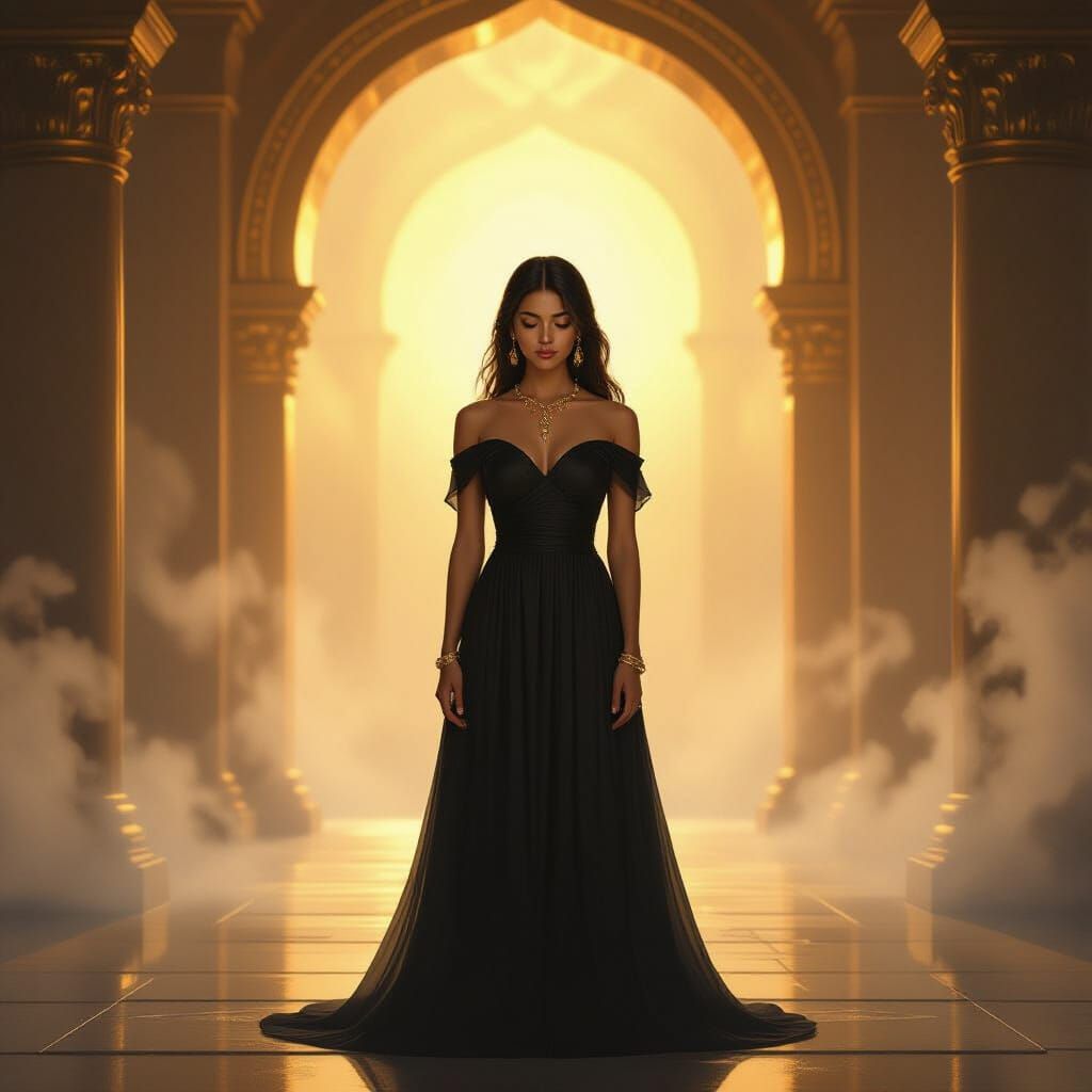 Mystical Woman Before Golden Archway in Ancient Hall