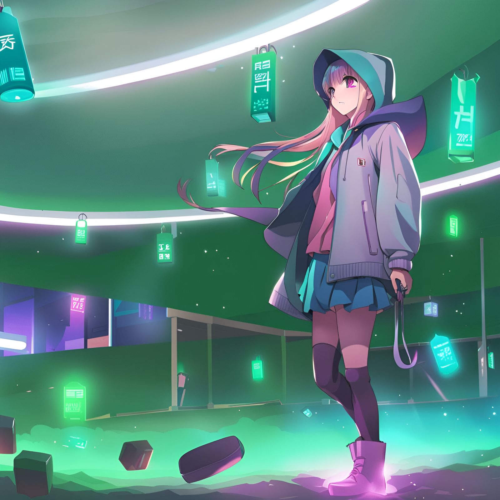 Girl Casting Magic in Parking Lot, Anime Style