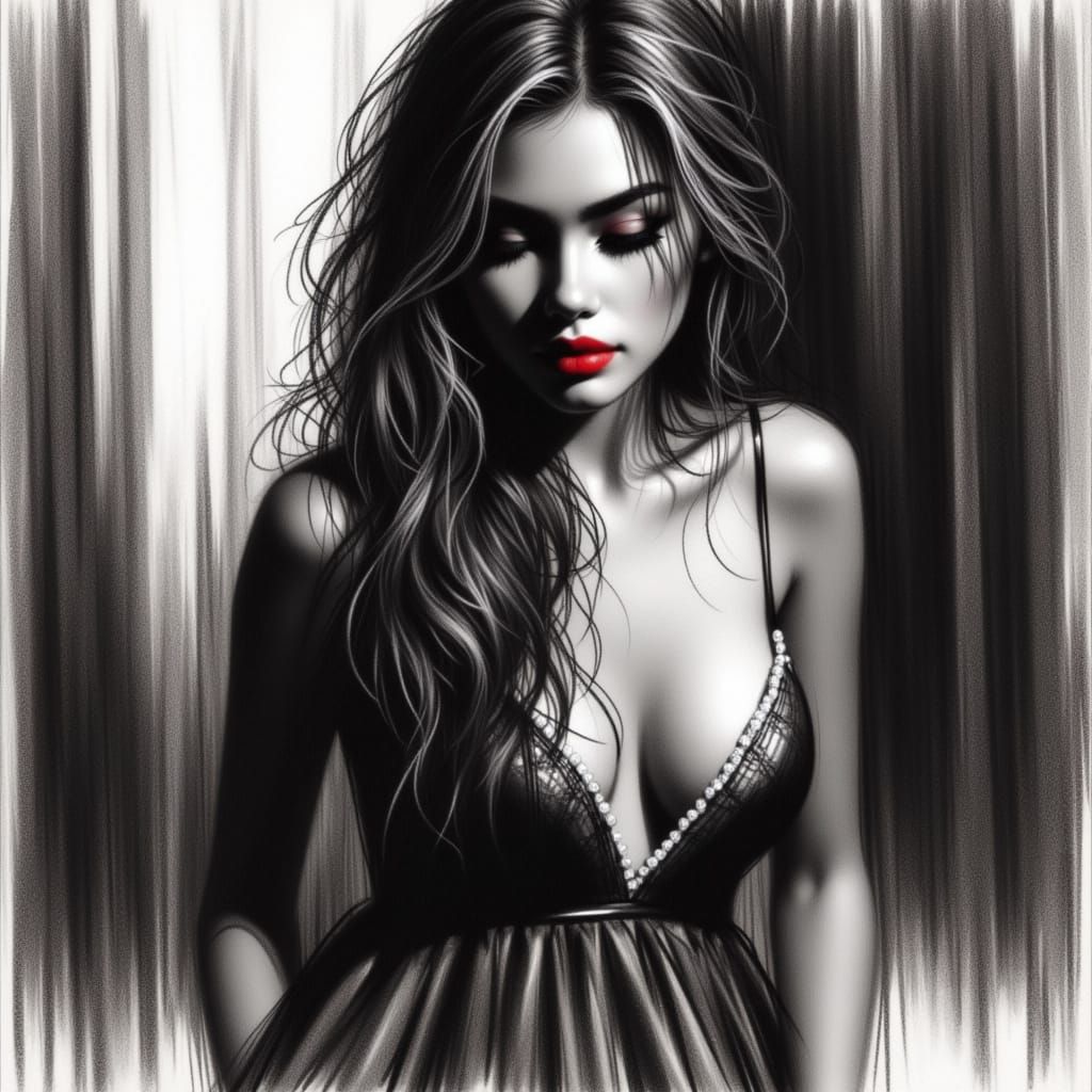 Charcoal Portrait of Woman with Red Lips