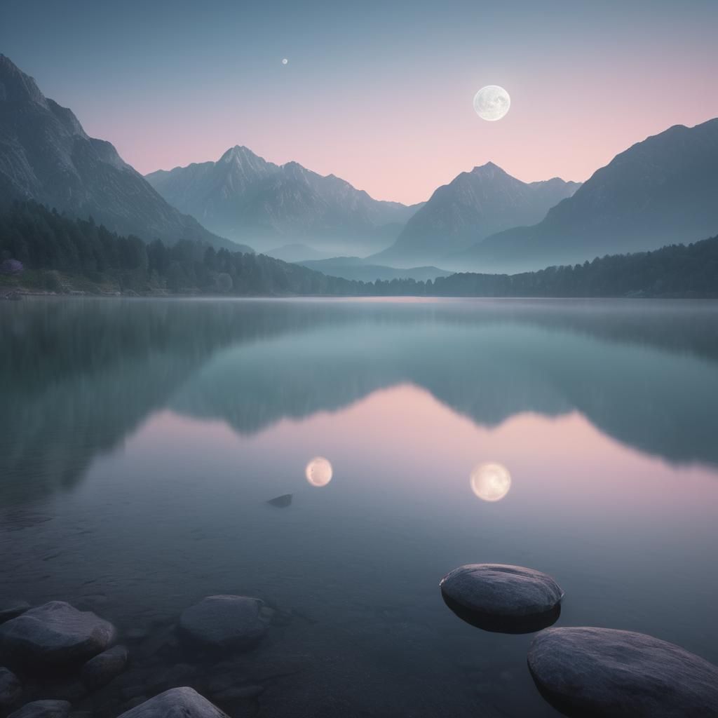 Dreamy Lunar Landscape with Misty Mountains