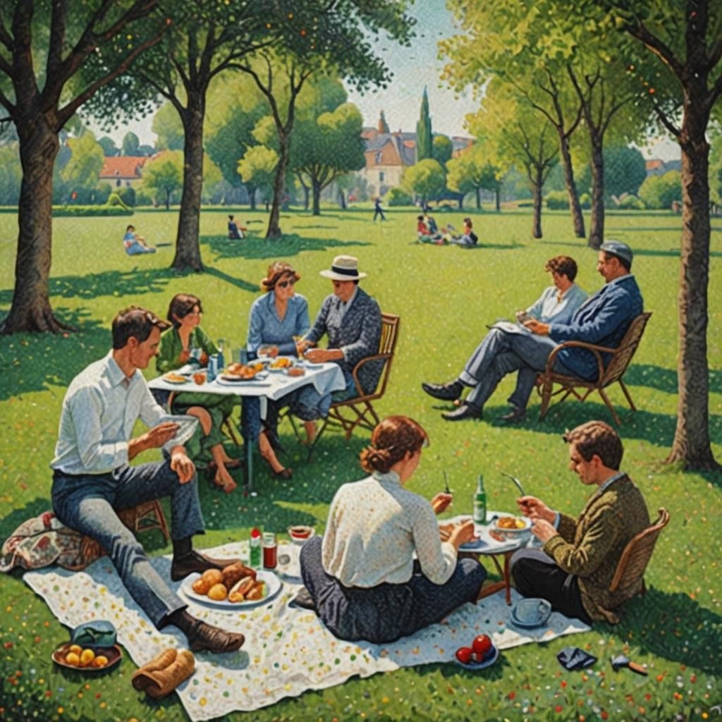 Pointillist Picnic Scene in Summer