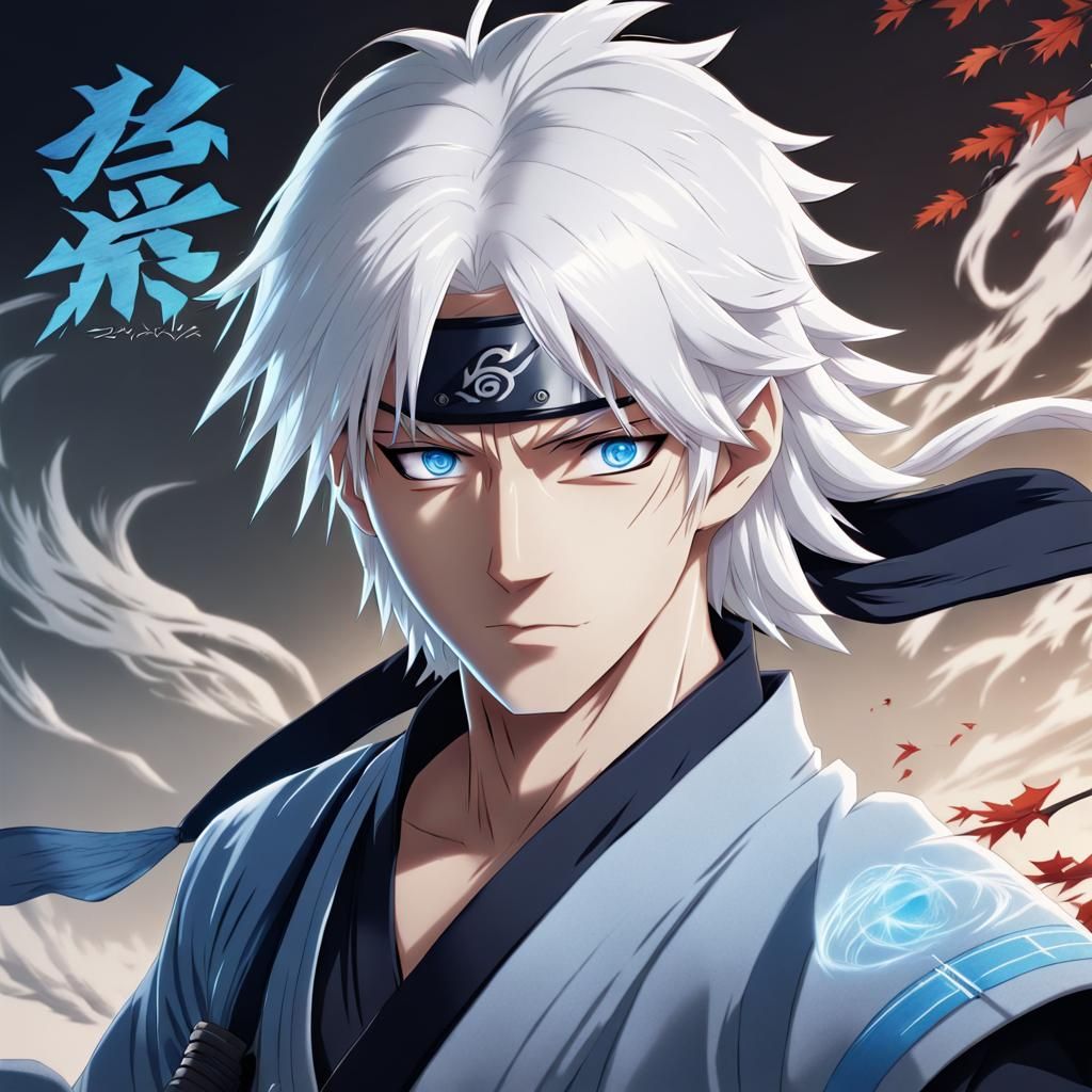Anime-Style Ninja with White Hair and Blue Eyes