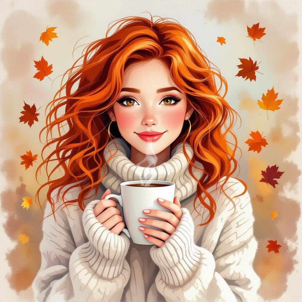Red-Haired Woman with Mug in Gouache Watercolor Style