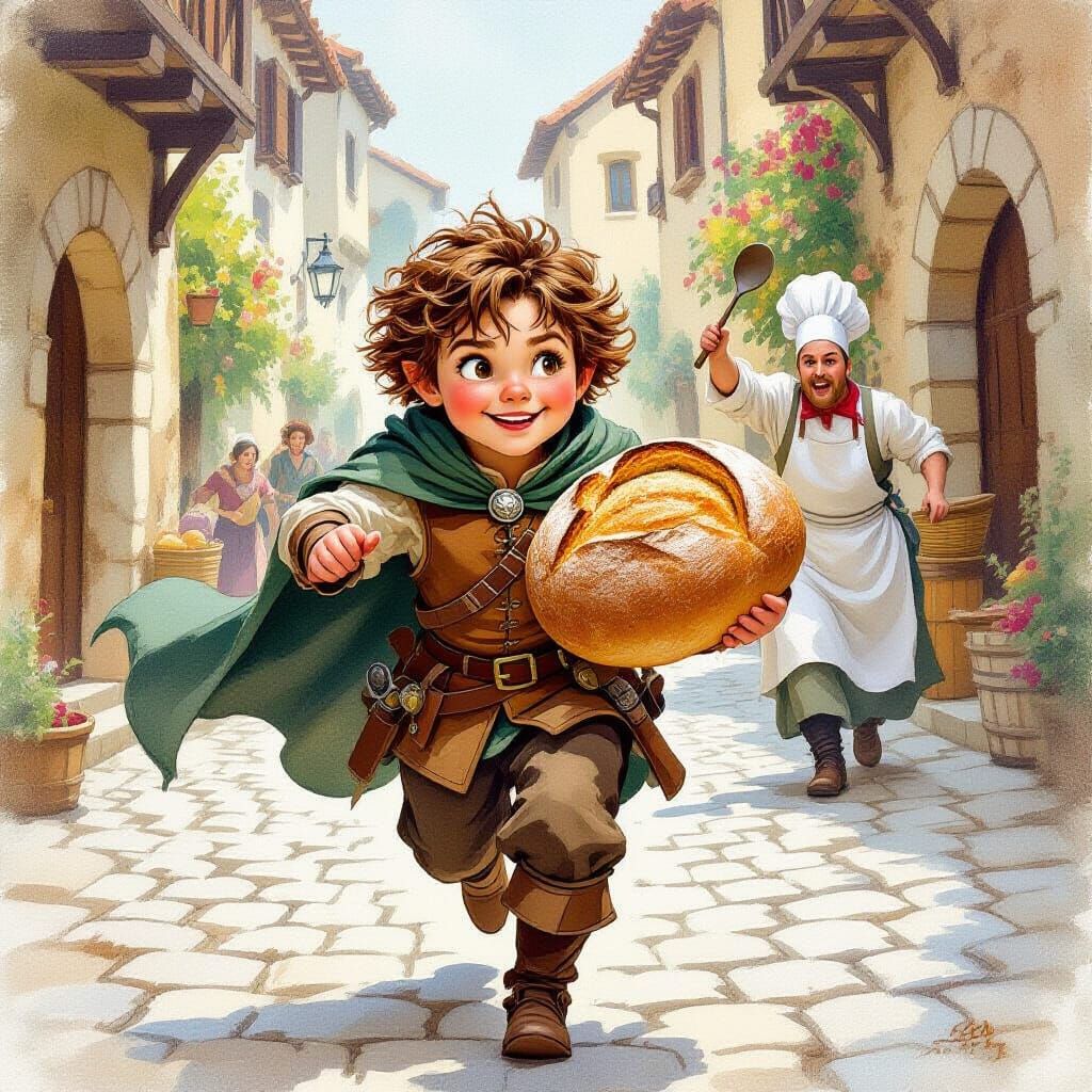 Halfling Rogue's Bread Run: A Renaissance-Style Scene