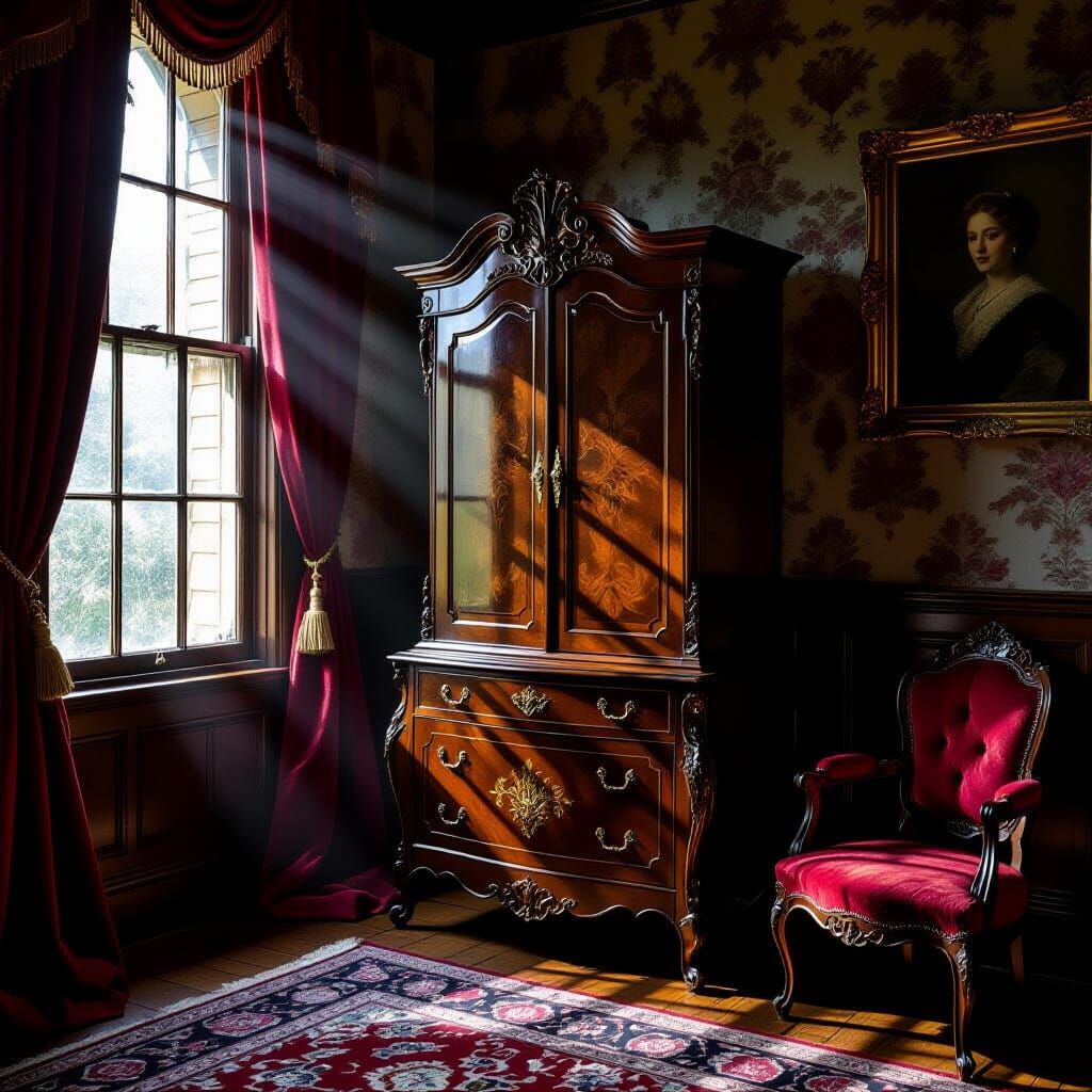 Antique Victorian Cabinet in Dimly Lit Room