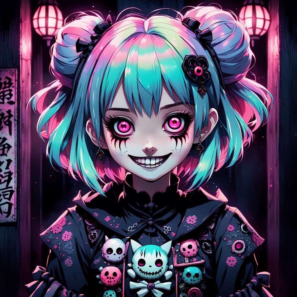 Gothic Kawaii Horror Girl in Vibrant Pastel Hues