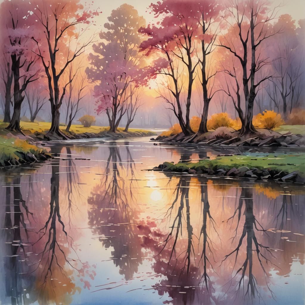 Impressionist River Reflects Pink Trees in Sunset