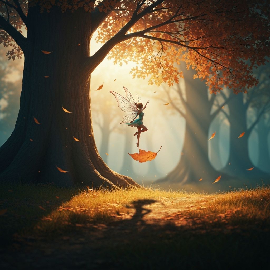 Ethereal Fairy Dancing on Autumn Leaf in Dramatic Light