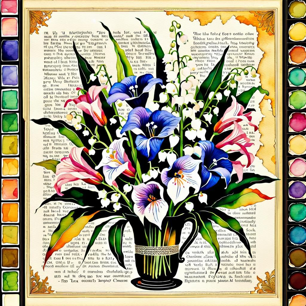 Vintage Watercolor Flower Bouquet with Gold Accents