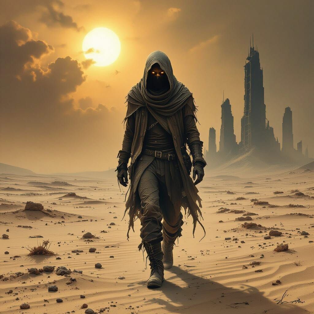 Wanderer in a Beksiński-Inspired Desert Landscape