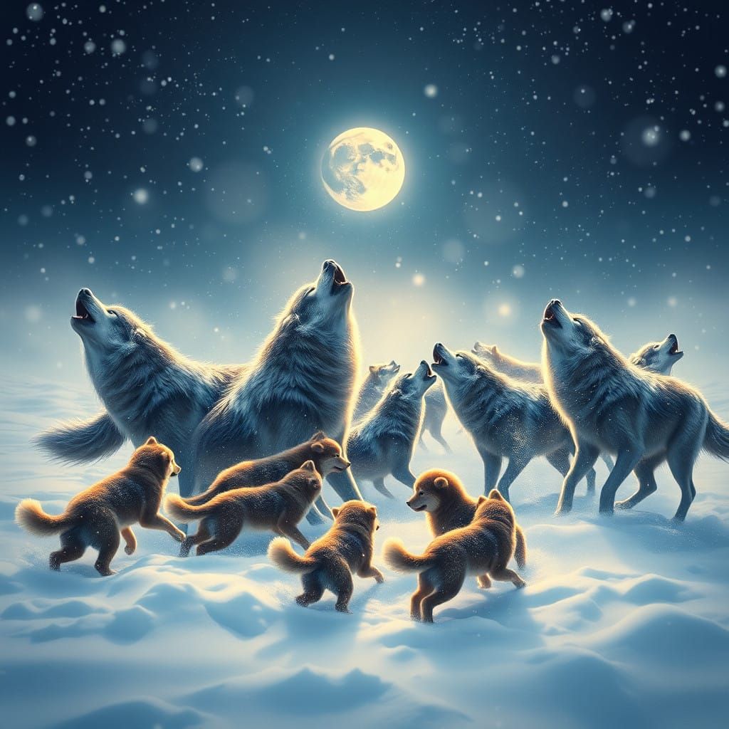 Wolves in Snowy Landscape - Fantasy Art in Cyberpunk Style