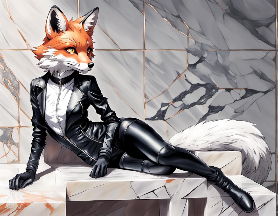 Anime Fox in Leather Bodysuit on Marble Bench
