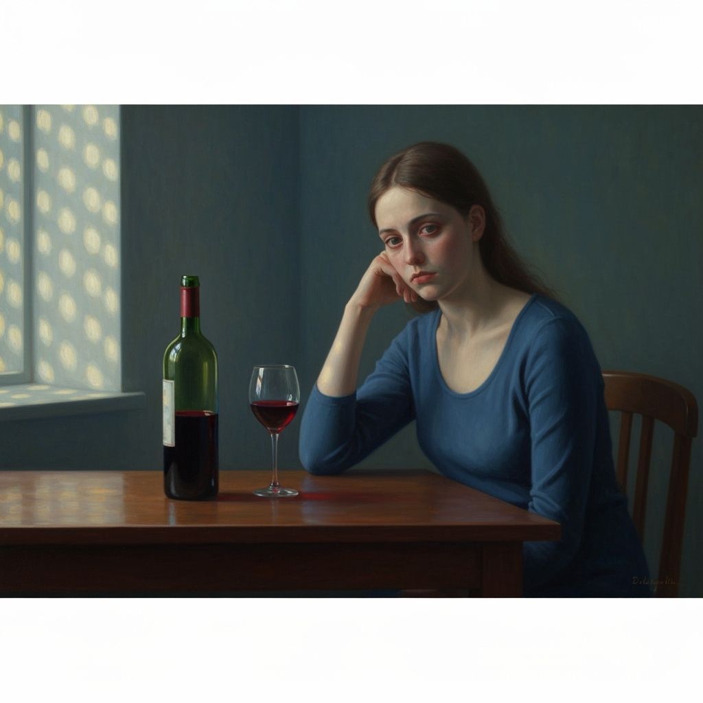 Melancholic Woman With Wine, Oil Painting Style