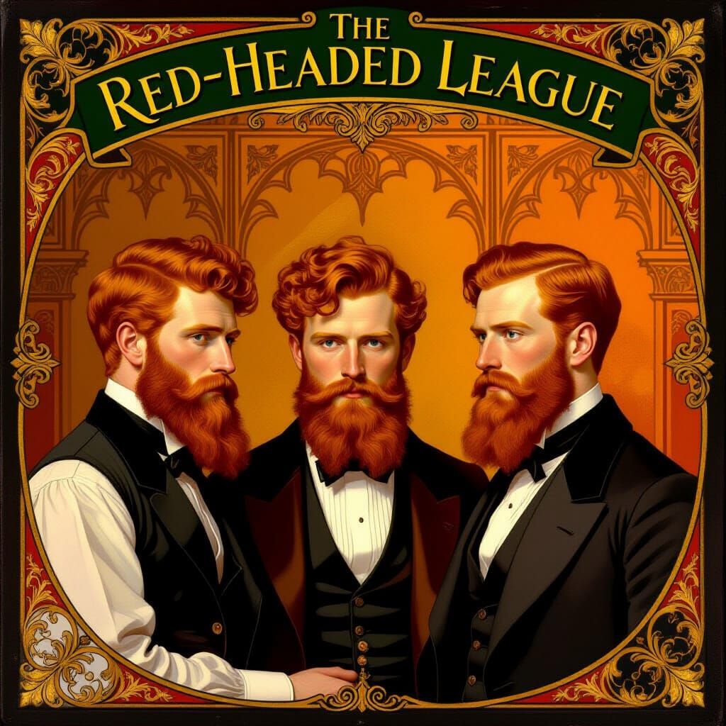 Victorian Red-Headed League Scene in Pre-Raphaelite Style