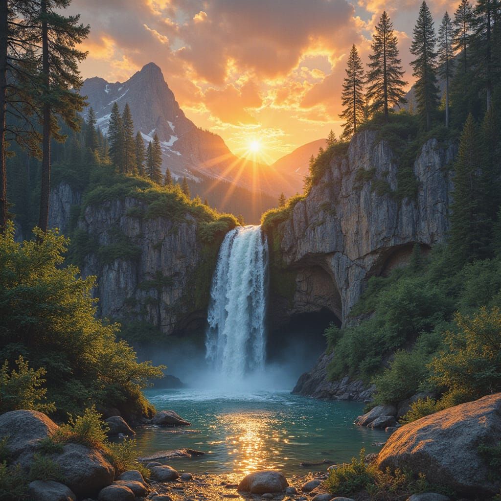 Cathedral Sunset Waterfall on Ancient Parchment