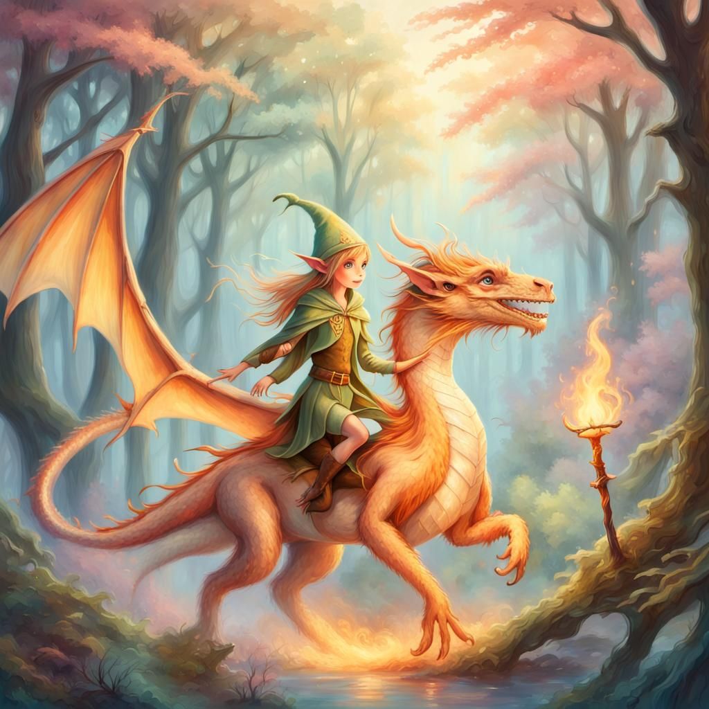 Elf Riding Dragon in Forest, Art Nouveau Painting